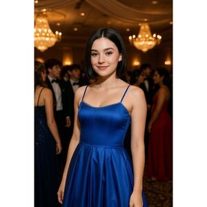 Satin Gown Rhinestone Trim Formal Dress Sleeveless Blue Evening‎ Party